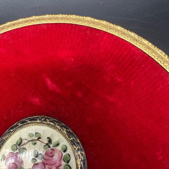 Antique Vanity Hand Mirror Red Velvet Guilloche Enamel Plaque Floral Brass - Picture 9 of 12